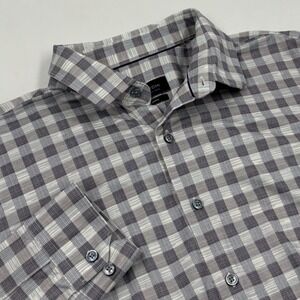 Bugatchi OoohCotton Tech Men's XL Grey Check 8-Way Stretch Long Sleeve Shirt